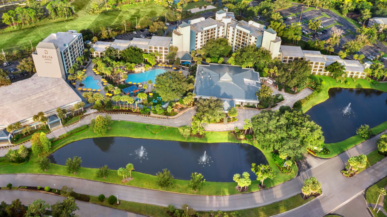 Ariel view of hotel and pool